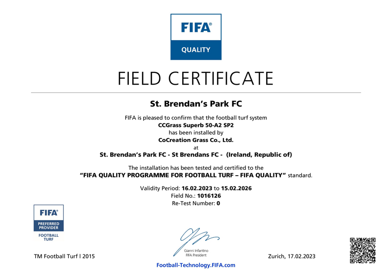 St. Brendan's Park FC, certificación de FIFA Quality