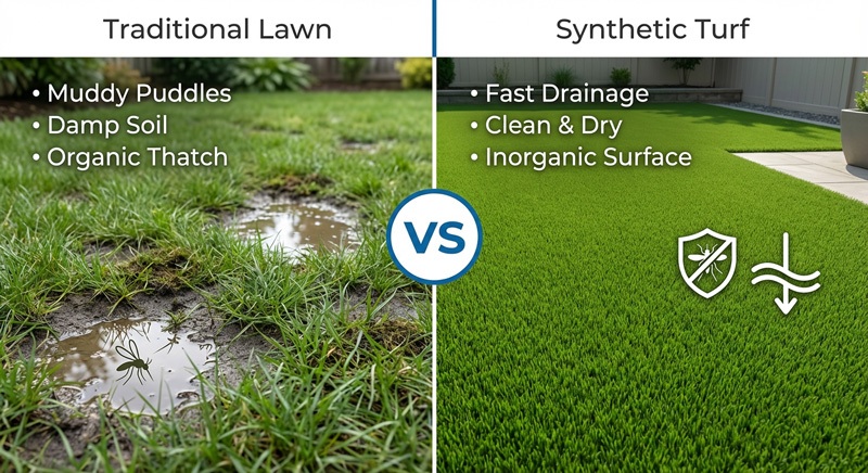 Comparación entre un césped natural propenso al lodo y césped artificial de alto drenaje para el control de plagas