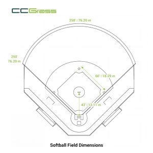 Diagrama de las medidas estándar del campo de sóftbol con la distancia entre bases, la distancia de lanzamiento y las distancias hasta las cercas del jardín