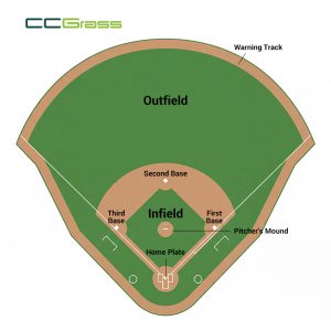 Diagrama de las partes del campo de béisbol que muestra el infield, el outfield, las bases, el montículo del lanzador, el home plate y la warning track