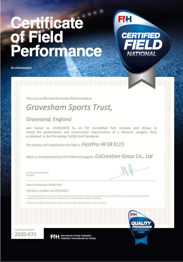 CCGrass, Gravesham Sports Trust, England, FIH National certificate