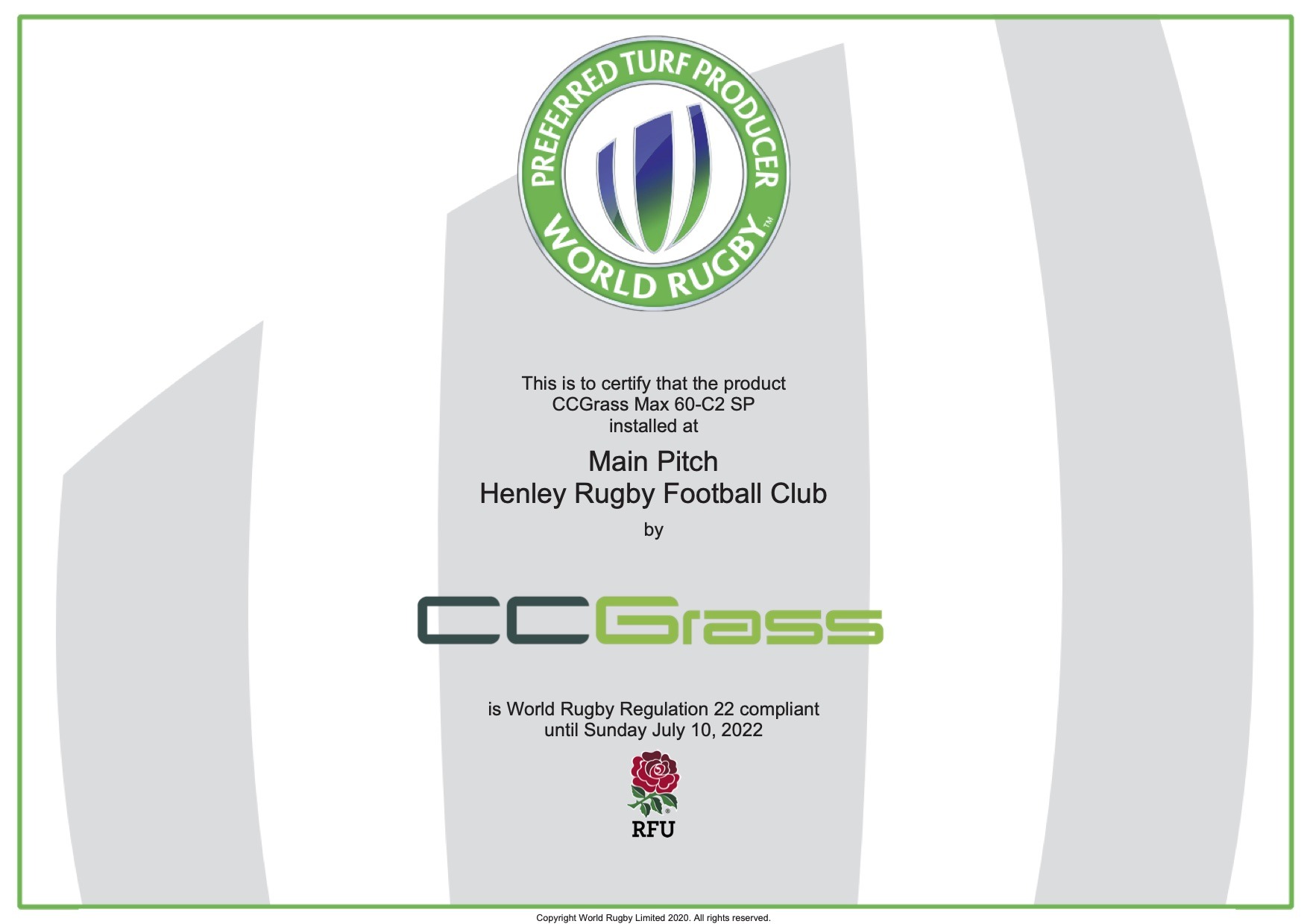 CCGrass, Henley Rugby Football Club, World Rugby certified pitch