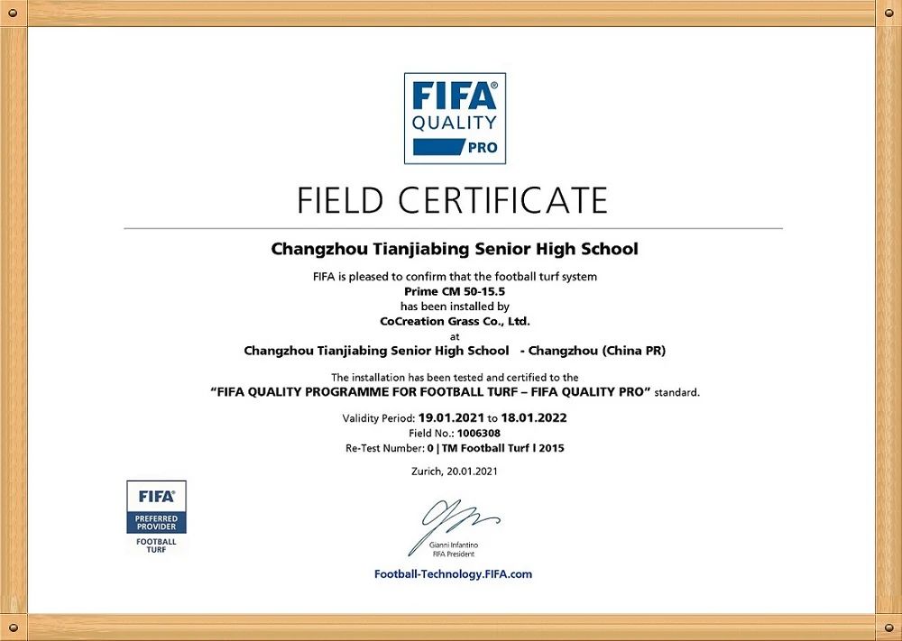 CCGrass, Changzhou Tianjiabing Senior High School, FIFA certificate