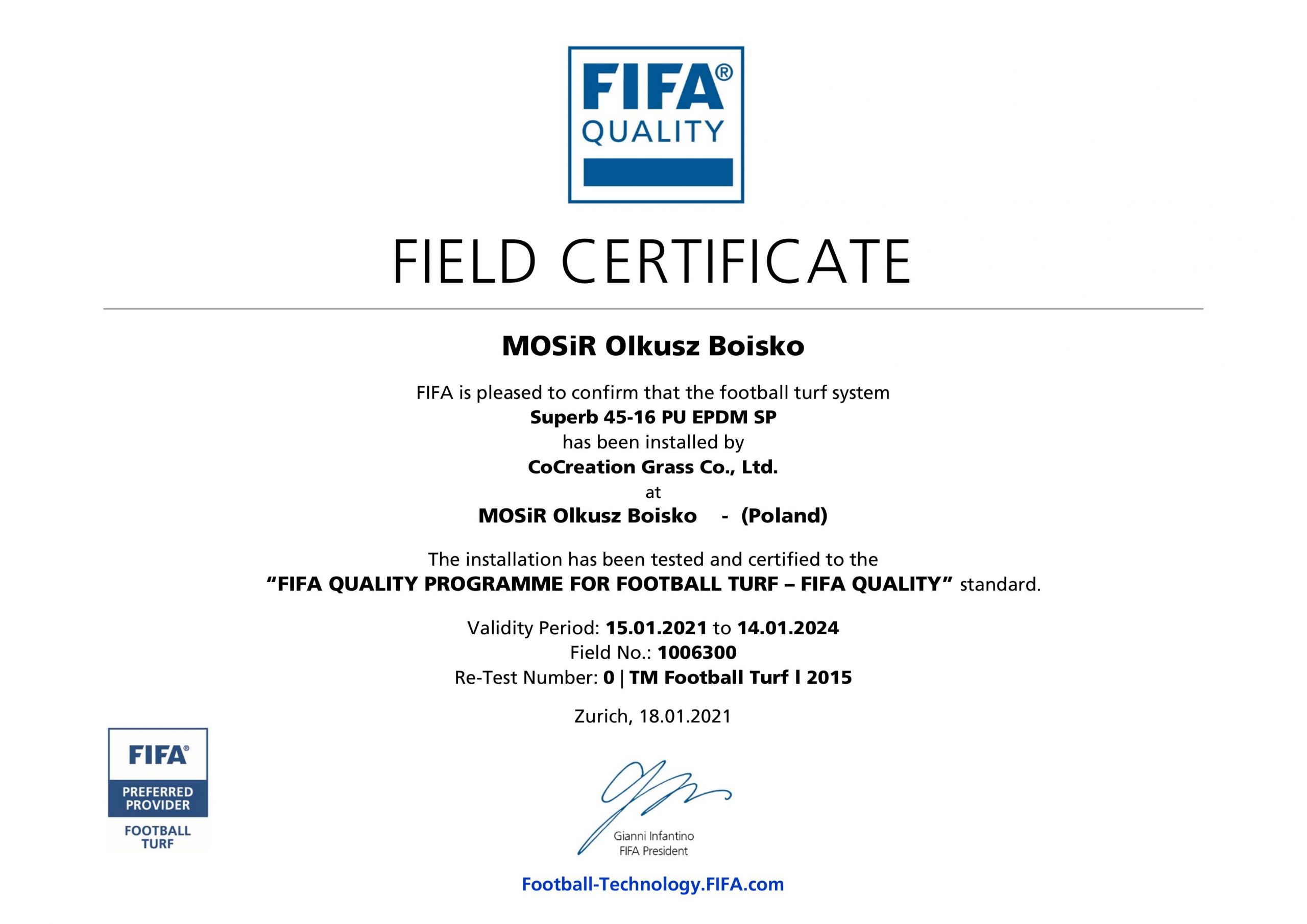 MOSiR Olkusz Boisko Certification