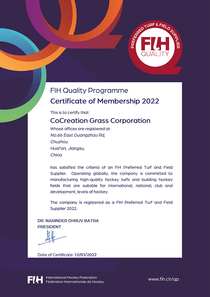 CCGrass, FIH Preferred Supplier, certificate of membership 2022