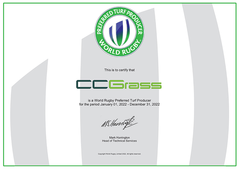 2022WR CCGrass, World Rugby Preferred Turf Producer certificate
