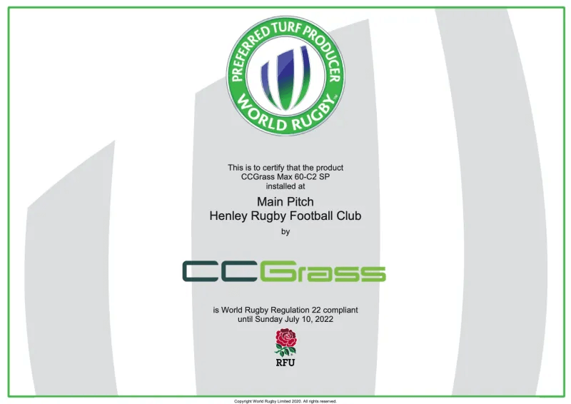 World Rugby certificate of Henley Rugby Football Club