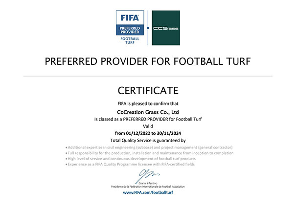 CCGrass, FIFA Preferred Provider, certificate of 2023