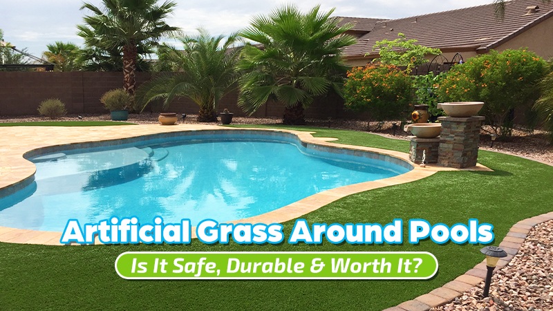 backyard pool with soft artificial grass surface