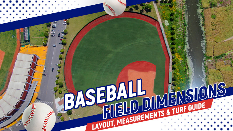 Baseball field dimensions guide featuring a professional artificial turf baseball field