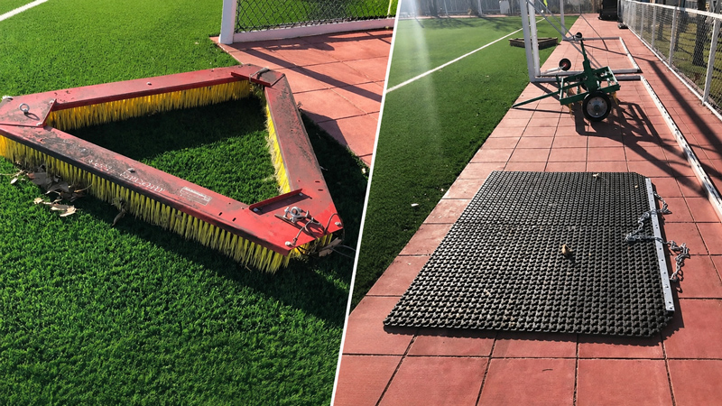 Turf brush and drag mat used for grooming an artificial football field